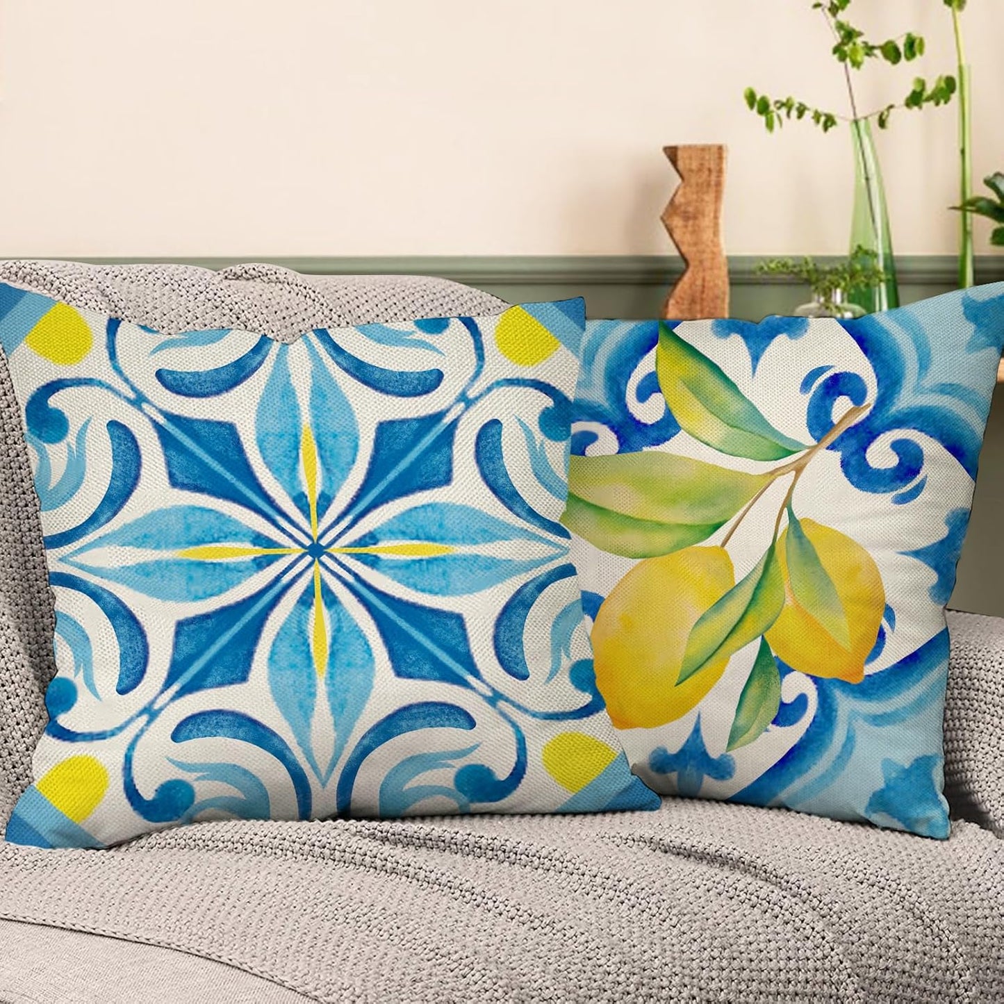 Blue Lemon Italy Tile Decorative Throw Pillow Covers 16 x 16 Set of 4, Amalfi Coast Italian Capri Citrus Fruit Porch Outdoor Home Decor, Summer Mediterranean Sofa Couch Cushion Case