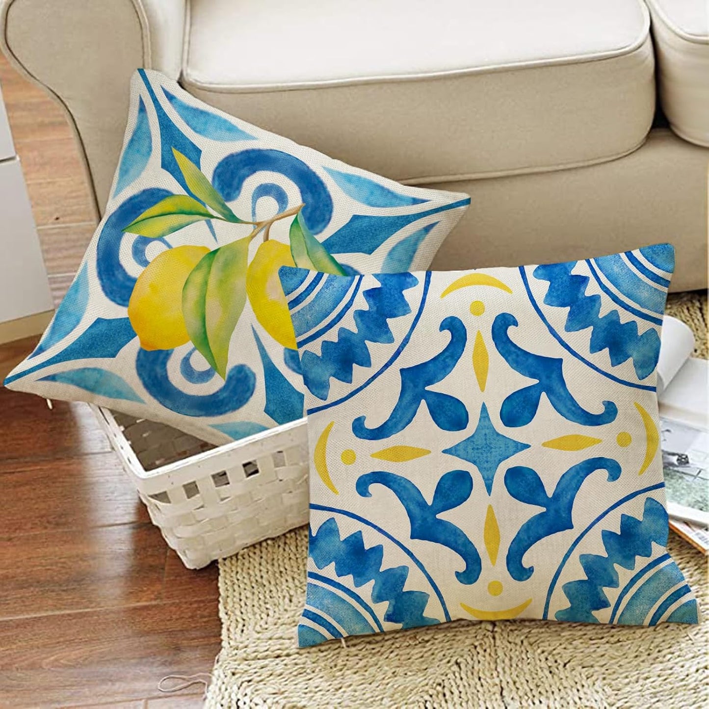 Blue Lemon Italy Tile Decorative Throw Pillow Covers 16 x 16 Set of 4, Amalfi Coast Italian Capri Citrus Fruit Porch Outdoor Home Decor, Summer Mediterranean Sofa Couch Cushion Case