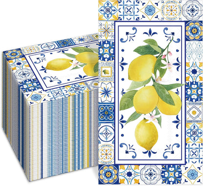 100 PCS Lemons Paper Napkins, Chinoiserie Lemon 3-Ply Decorative Paper Hand Towels Summer Yellow Lemon Napkins Home Party Guest Napkin Wedding Shower Party Decor Napkins