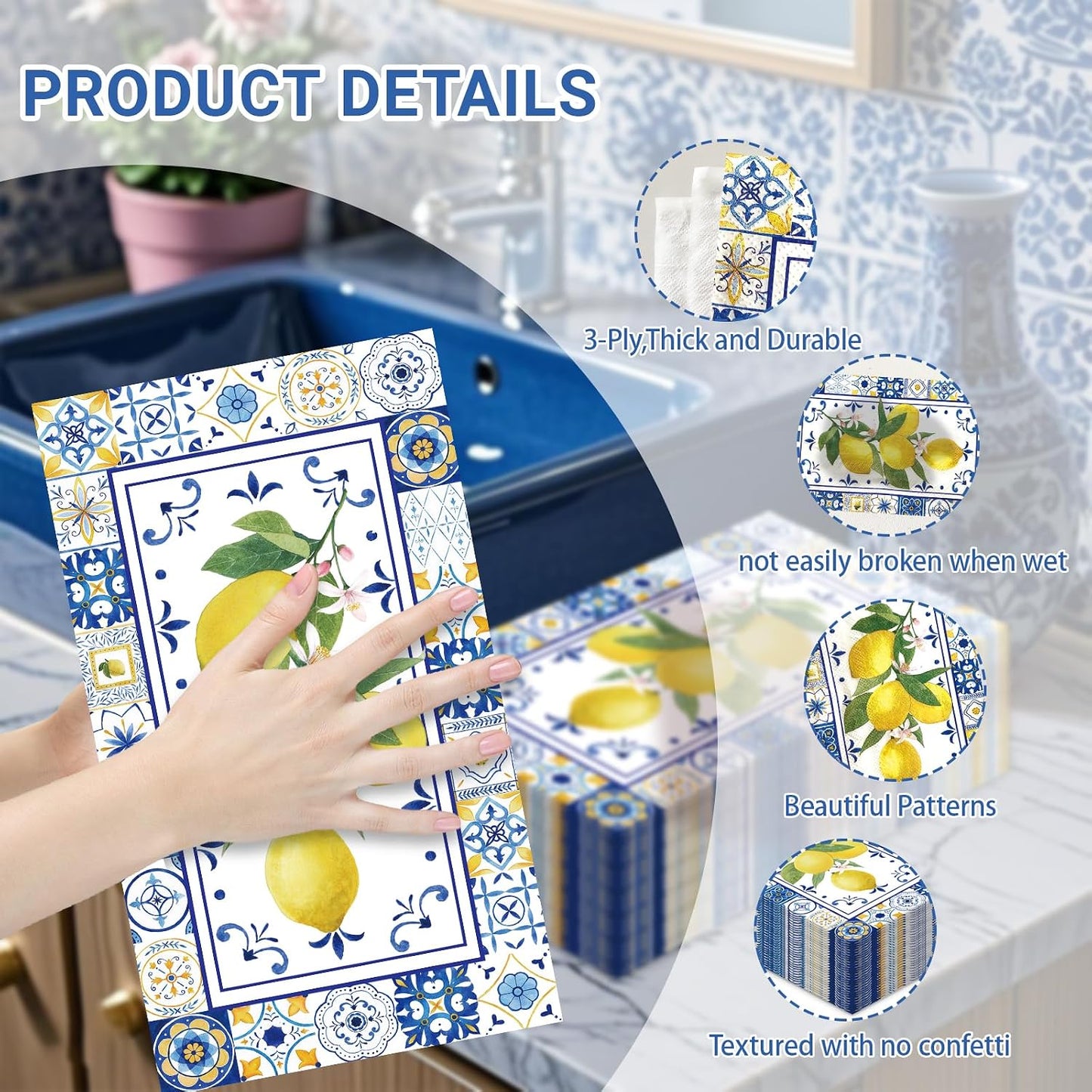 100 PCS Lemons Paper Napkins, Chinoiserie Lemon 3-Ply Decorative Paper Hand Towels Summer Yellow Lemon Napkins Home Party Guest Napkin Wedding Shower Party Decor Napkins