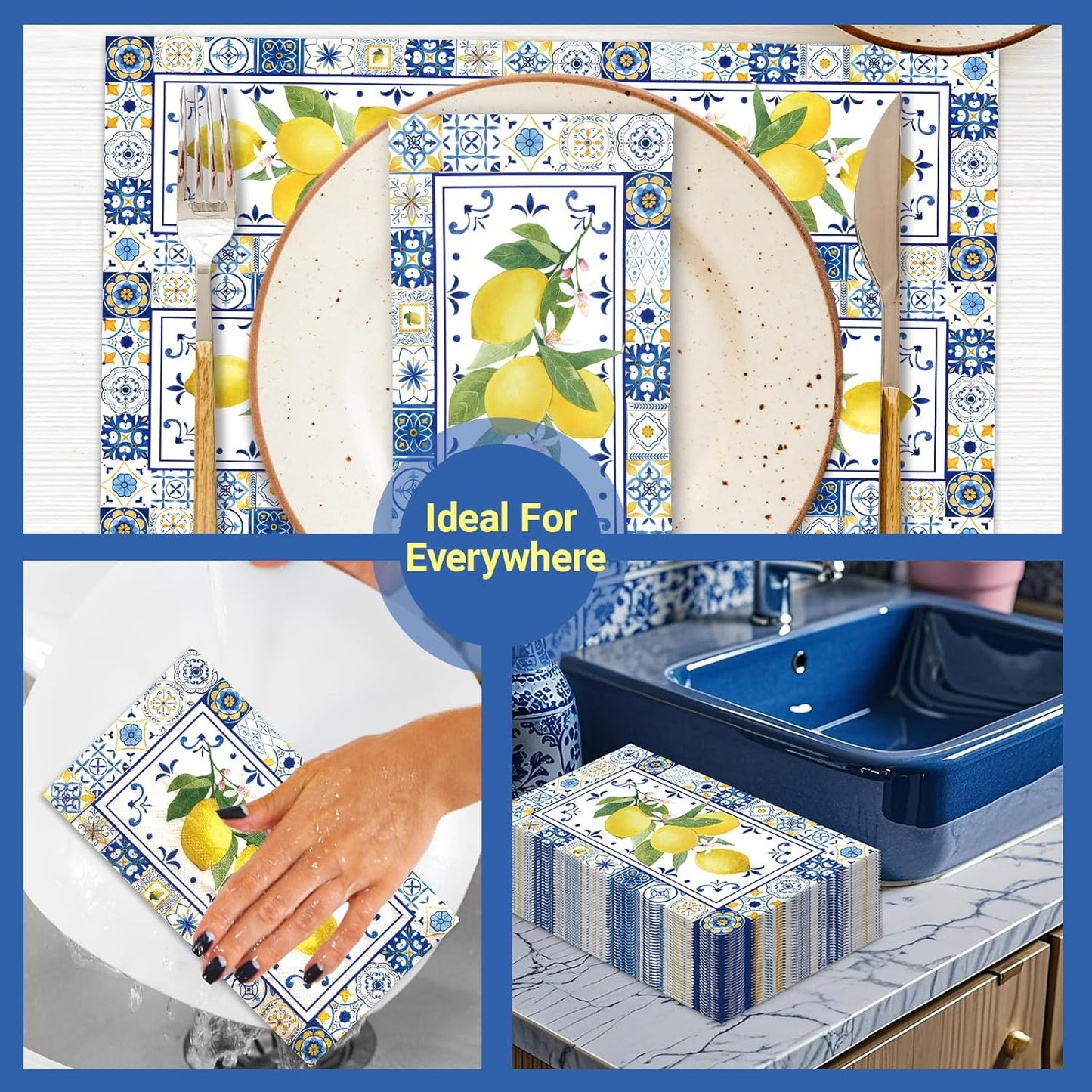 100 PCS Lemons Paper Napkins, Chinoiserie Lemon 3-Ply Decorative Paper Hand Towels Summer Yellow Lemon Napkins Home Party Guest Napkin Wedding Shower Party Decor Napkins