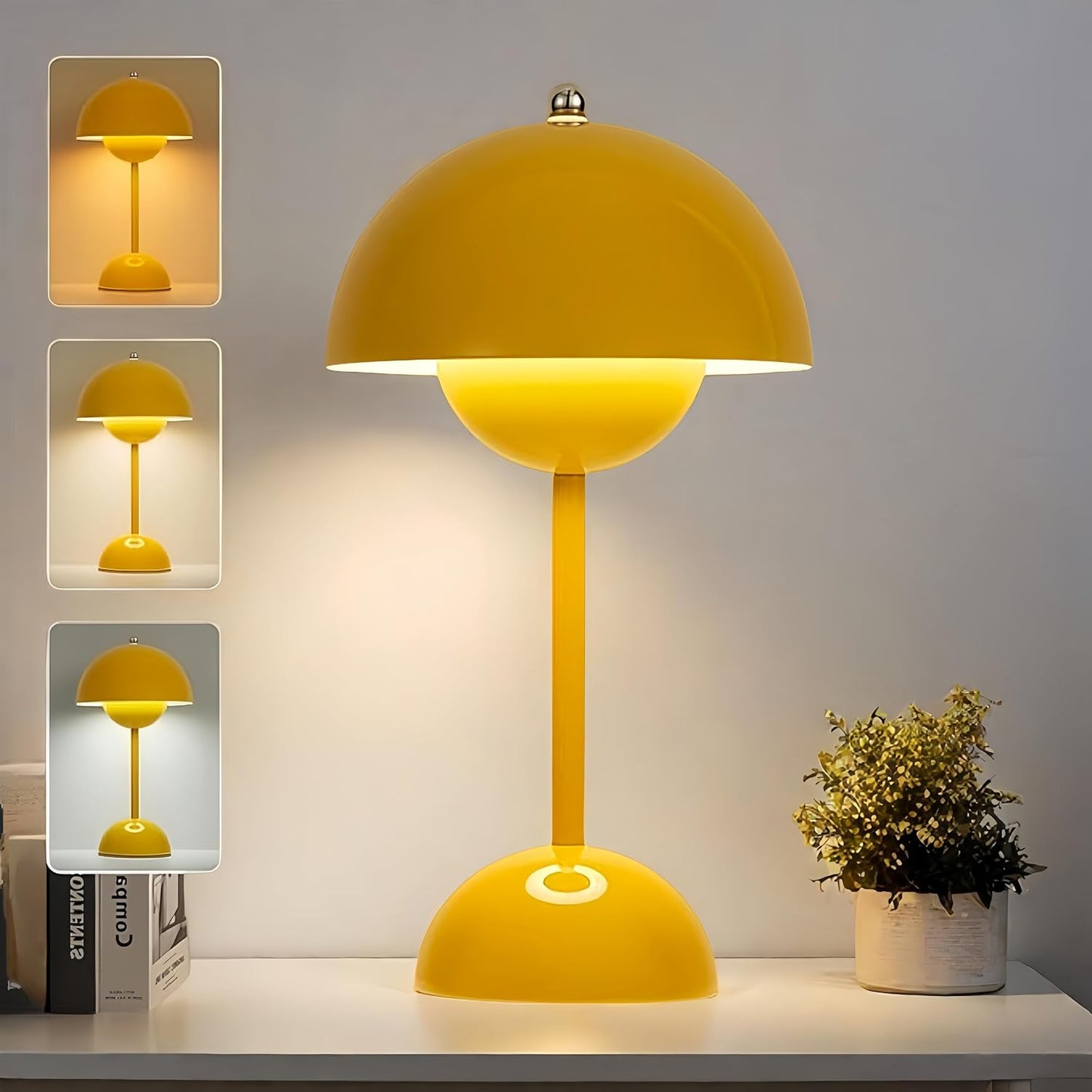 Flower Bud Lamp Cordless Mushroom Touch Table Lamp, Yellow | Modern Flowerpot Design, 3 Mode Dimmable, Rechargeable,Desk Lamp