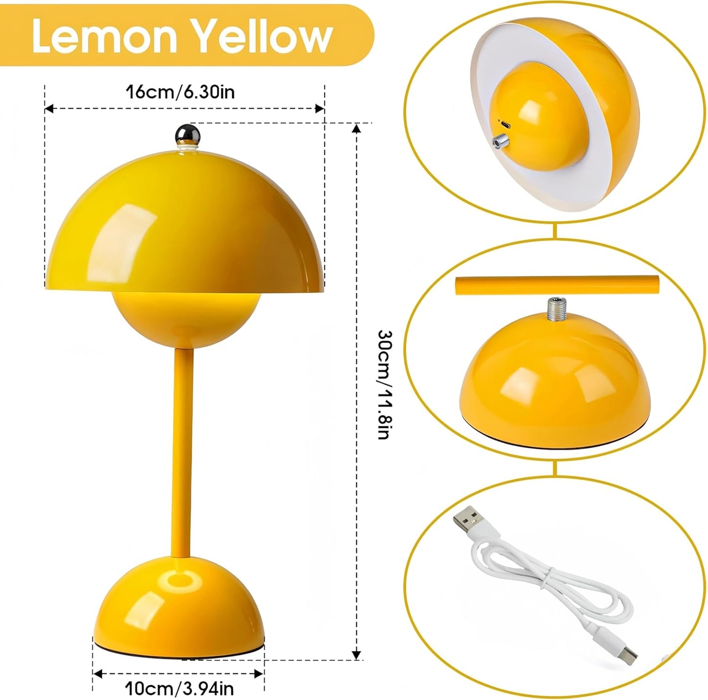 Flower Bud Lamp Cordless Mushroom Touch Table Lamp, Yellow | Modern Flowerpot Design, 3 Mode Dimmable, Rechargeable,Desk Lamp