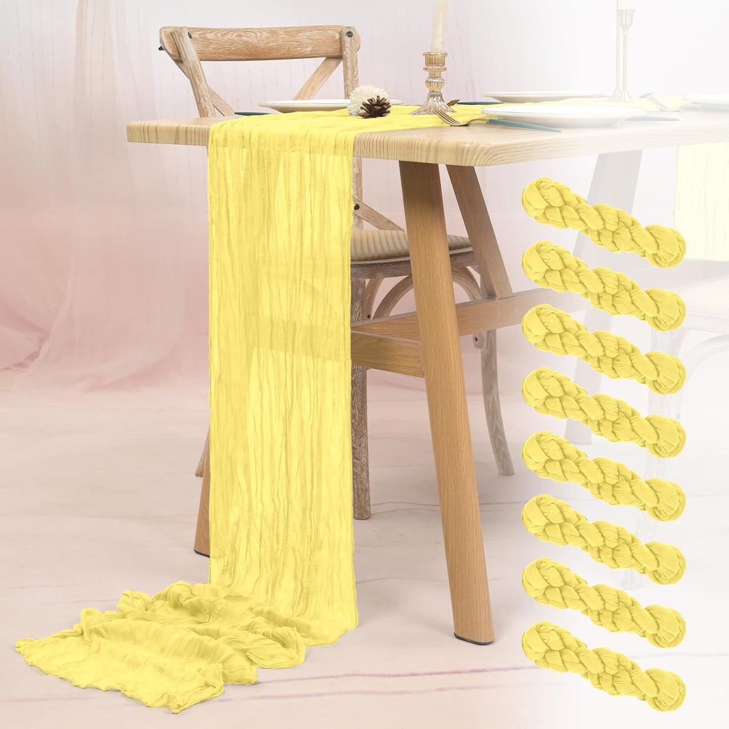 8 Pack Light Yellow Cheesecloth Table Runner 10FT Boho Gauze Cheese Cloth Table Runner Rustic Sheer Fabric Table Runners for Wedding Bridal Shower Baby Shower Party(21.5×120 Inch)