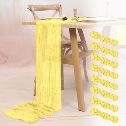 8 Pack Light Yellow Cheesecloth Table Runner 10FT Boho Gauze Cheese Cloth Table Runner Rustic Sheer Fabric Table Runners for Wedding Bridal Shower Baby Shower Party(21.5×120 Inch)