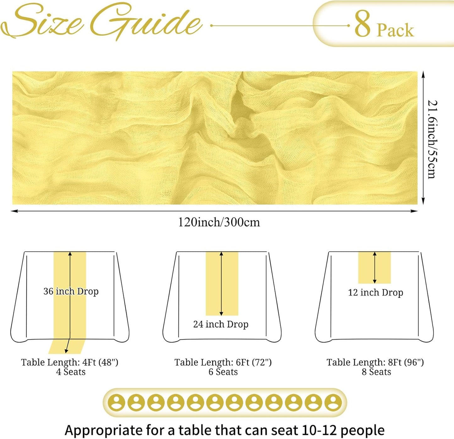 8 Pack Light Yellow Cheesecloth Table Runner 10FT Boho Gauze Cheese Cloth Table Runner Rustic Sheer Fabric Table Runners for Wedding Bridal Shower Baby Shower Party(21.5×120 Inch)