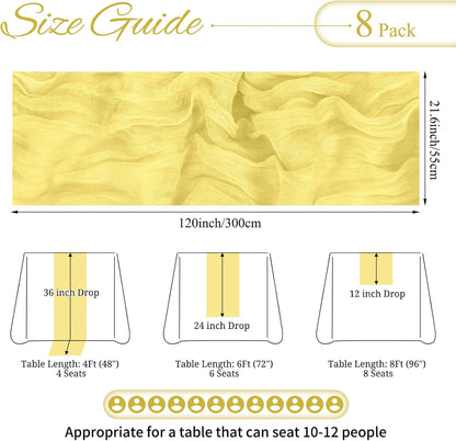 8 Pack Light Yellow Cheesecloth Table Runner 10FT Boho Gauze Cheese Cloth Table Runner Rustic Sheer Fabric Table Runners for Wedding Bridal Shower Baby Shower Party(21.5×120 Inch)