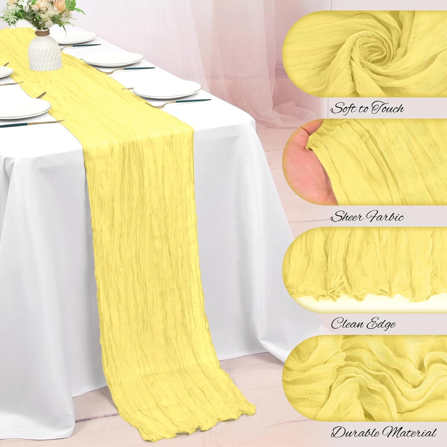 8 Pack Light Yellow Cheesecloth Table Runner 10FT Boho Gauze Cheese Cloth Table Runner Rustic Sheer Fabric Table Runners for Wedding Bridal Shower Baby Shower Party(21.5×120 Inch)