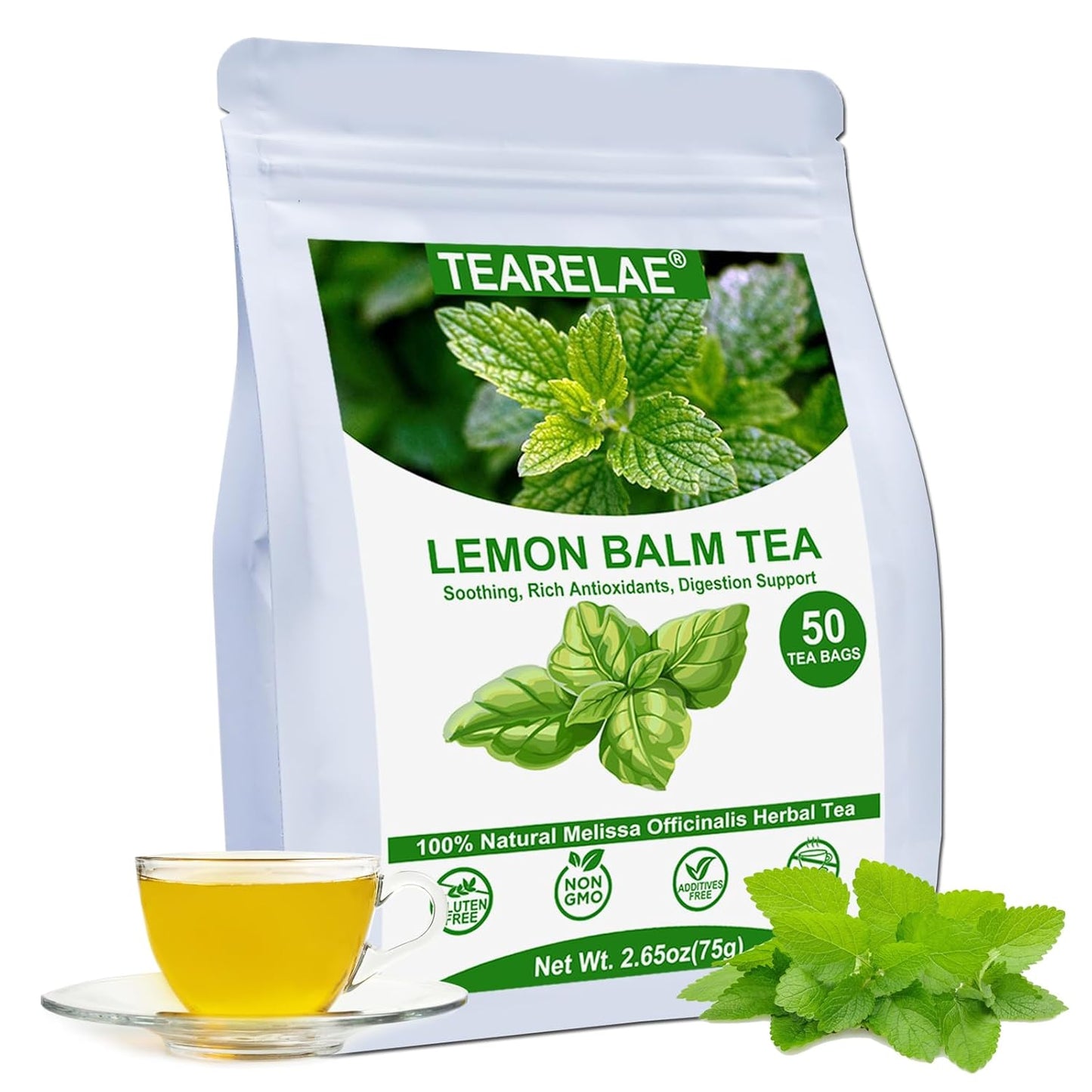 Lemon Balm Tea Bag, 1.5g X 50 Count | Premium Natural Lemon Balm Leaf, Caffeine-free, Non-GMO, Soothing & Mellow, Healthy Tea During Leisure Time & For Relaxation
