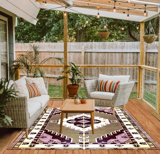 Outdoor Rug - 6x9 Yellow, Chocolate, reversible Recycled Plastic straw Outdoor Patio Rugs Clearance Waterproof Large RV Camper Rug 171