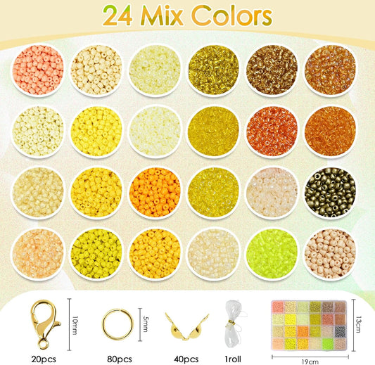 3mm Glass Seed Beads for Bracelets Making, 24 Colors 10000pcs Friendship Bracelet Making Kit, Small Glass Beads for Jewelry Making (Mix 24 Color, Yellow)