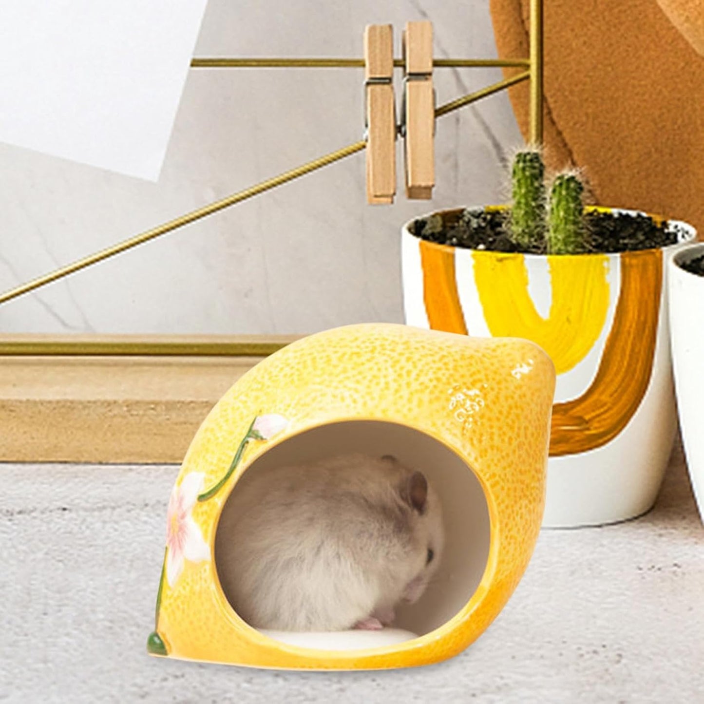 Ceramic Hamster House,Small Animal Hideout Nest Cute Habitat Cave Hut Cage Lemon Shape for Small Animal Chinchilla Hamster, Small