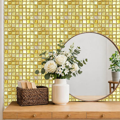 Gold Square Mosaic Peel and Stick Floor Tiles 12x12 Inch 10PCS | Gold square mosaic style pattern removable vinyl floor stickers for kitchen bathroom entryway and indoor DIY home decor