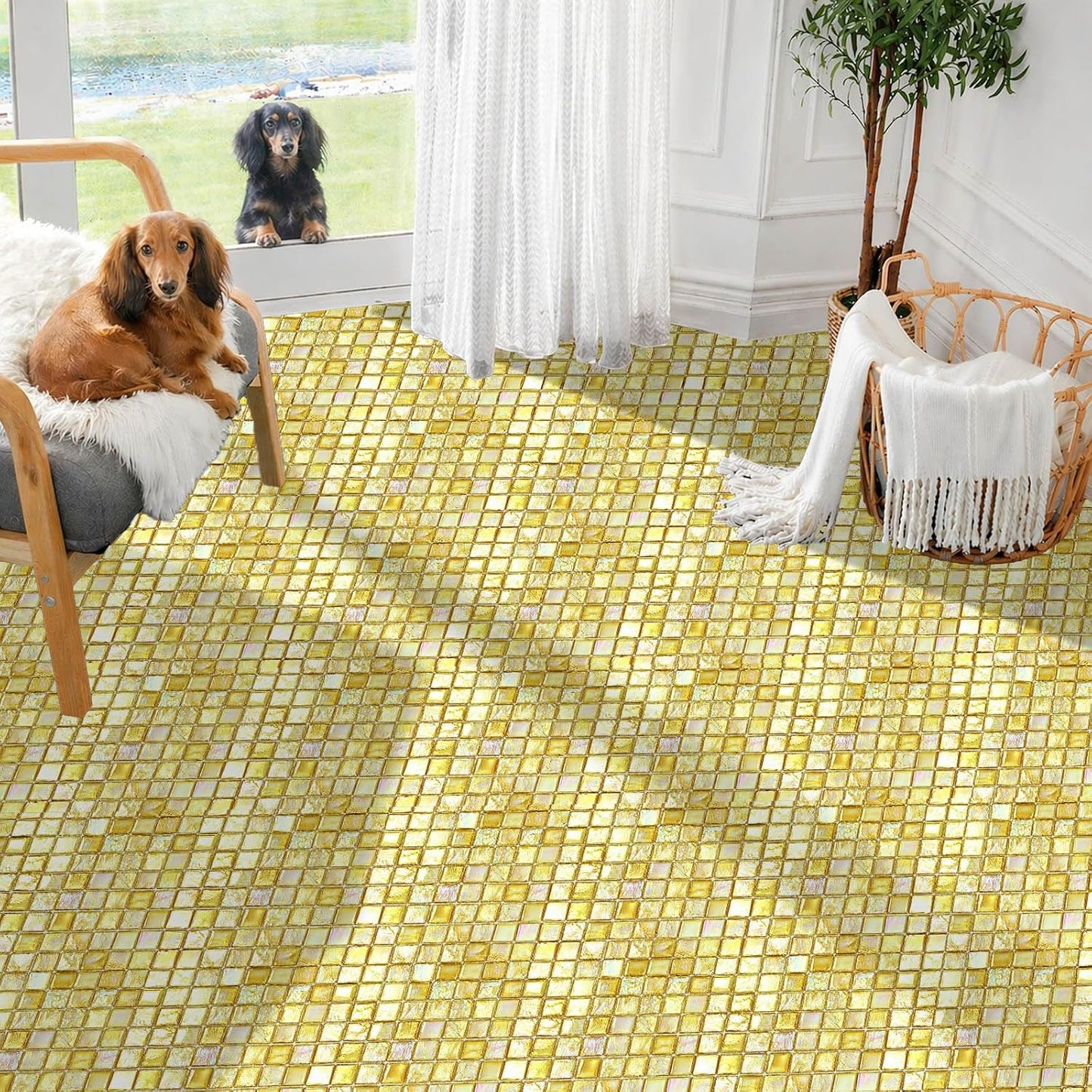 Gold Square Mosaic Peel and Stick Floor Tiles 12x12 Inch 10PCS | Gold square mosaic style pattern removable vinyl floor stickers for kitchen bathroom entryway and indoor DIY home decor