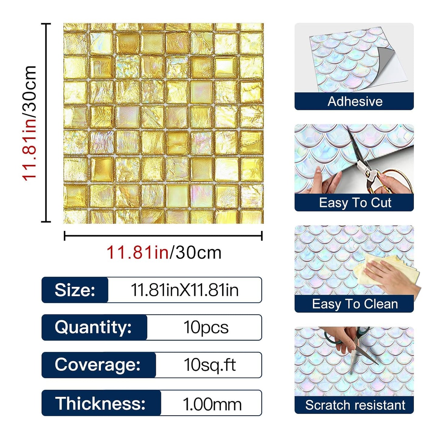 Gold Square Mosaic Peel and Stick Floor Tiles 12x12 Inch 10PCS | Gold square mosaic style pattern removable vinyl floor stickers for kitchen bathroom entryway and indoor DIY home decor