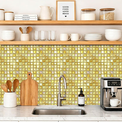 Gold Square Mosaic Peel and Stick Floor Tiles 12x12 Inch 10PCS | Gold square mosaic style pattern removable vinyl floor stickers for kitchen bathroom entryway and indoor DIY home decor