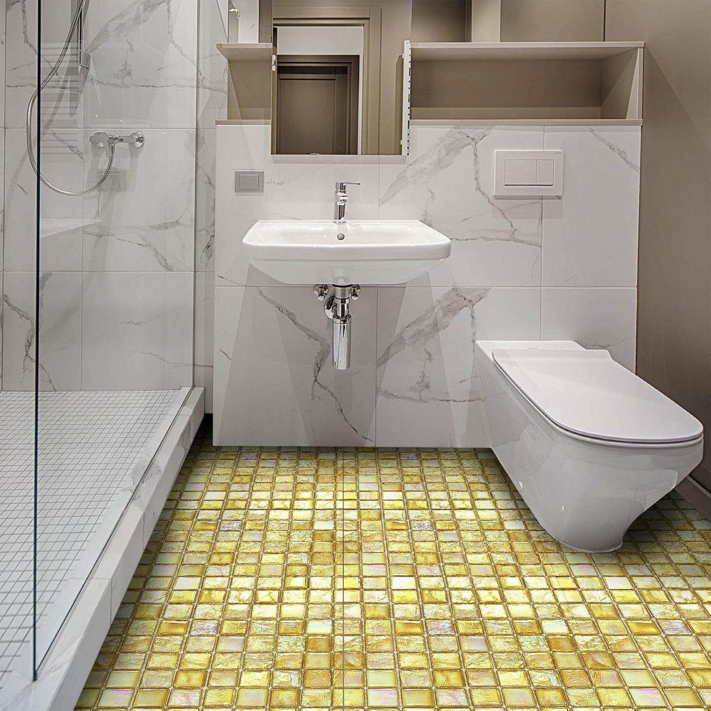 Gold Square Mosaic Peel and Stick Floor Tiles 12x12 Inch 10PCS | Gold square mosaic style pattern removable vinyl floor stickers for kitchen bathroom entryway and indoor DIY home decor