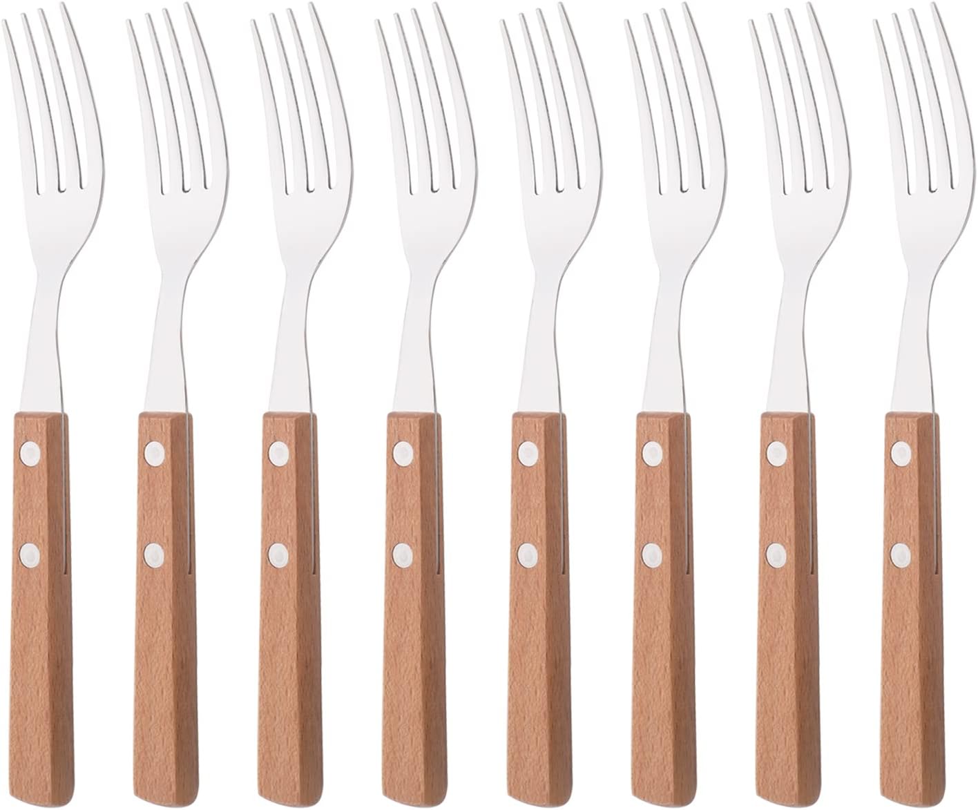 Dinner Forks Set of 8, 304 Stainless Steel Silverware Forks with Wooden Handle, Use for Dessert and Salad, Mirror Polishing, 7.9 Inches