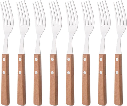 Dinner Forks Set of 8, 304 Stainless Steel Silverware Forks with Wooden Handle, Use for Dessert and Salad, Mirror Polishing, 7.9 Inches