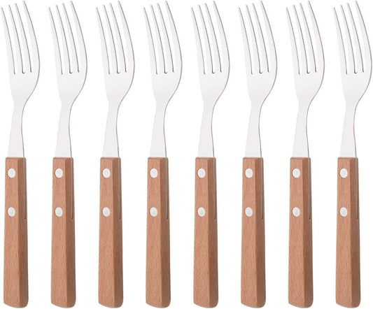 Dinner Forks Set of 8, 304 Stainless Steel Silverware Forks with Wooden Handle, Use for Dessert and Salad, Mirror Polishing, 7.9 Inches