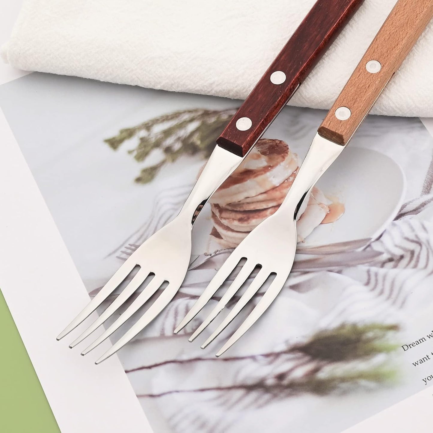 Dinner Forks Set of 8, 304 Stainless Steel Silverware Forks with Wooden Handle, Use for Dessert and Salad, Mirror Polishing, 7.9 Inches