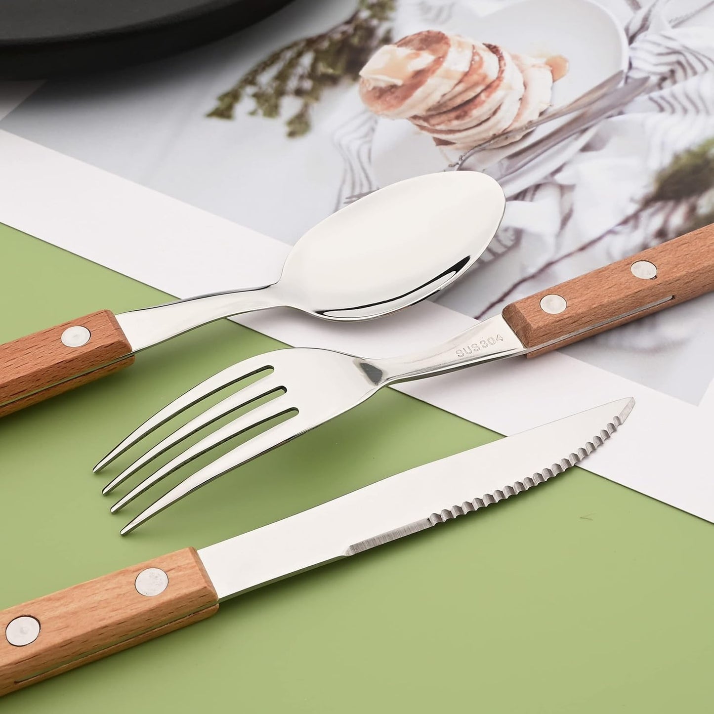 Dinner Forks Set of 8, 304 Stainless Steel Silverware Forks with Wooden Handle, Use for Dessert and Salad, Mirror Polishing, 7.9 Inches