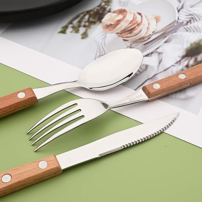 Dinner Forks Set of 8, 304 Stainless Steel Silverware Forks with Wooden Handle, Use for Dessert and Salad, Mirror Polishing, 7.9 Inches