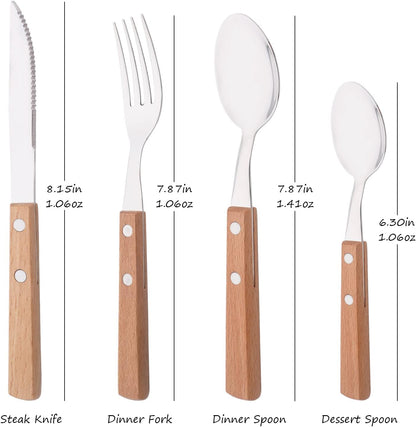 Dinner Forks Set of 8, 304 Stainless Steel Silverware Forks with Wooden Handle, Use for Dessert and Salad, Mirror Polishing, 7.9 Inches