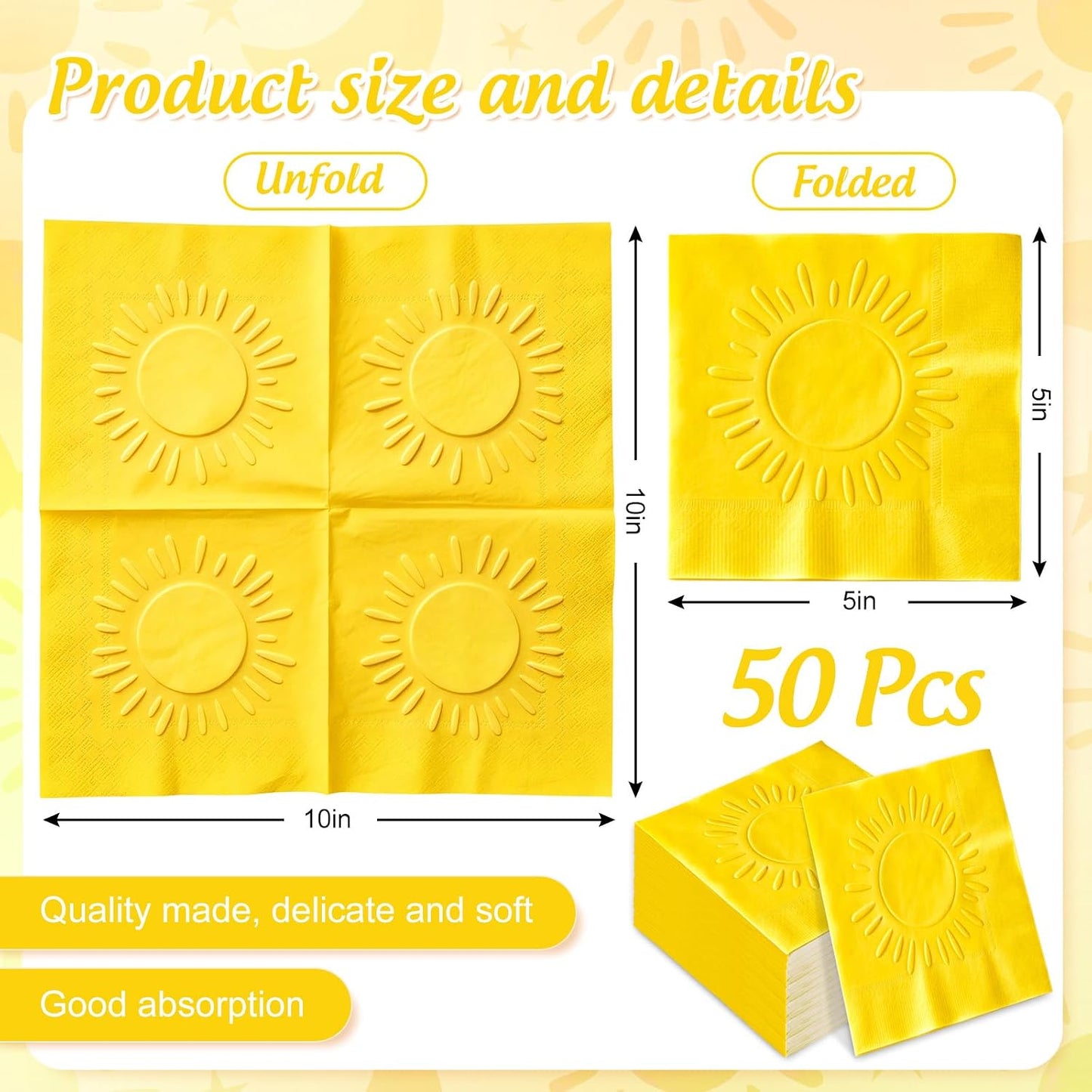 50 Pcs Boho Sun Cocktail Napkins Embossed Yellow Paper Napkins Disposable Decorative Beverage Napkin for First Trip Around The Sun Baby Shower Birthday Party Supplies Table Decor