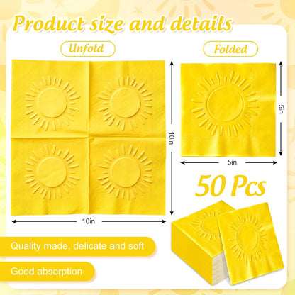 50 Pcs Boho Sun Cocktail Napkins Embossed Yellow Paper Napkins Disposable Decorative Beverage Napkin for First Trip Around The Sun Baby Shower Birthday Party Supplies Table Decor
