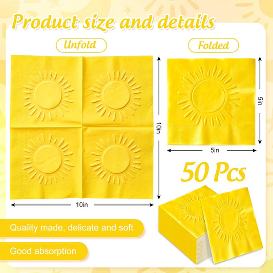 50 Pcs Boho Sun Cocktail Napkins Embossed Yellow Paper Napkins Disposable Decorative Beverage Napkin for First Trip Around The Sun Baby Shower Birthday Party Supplies Table Decor