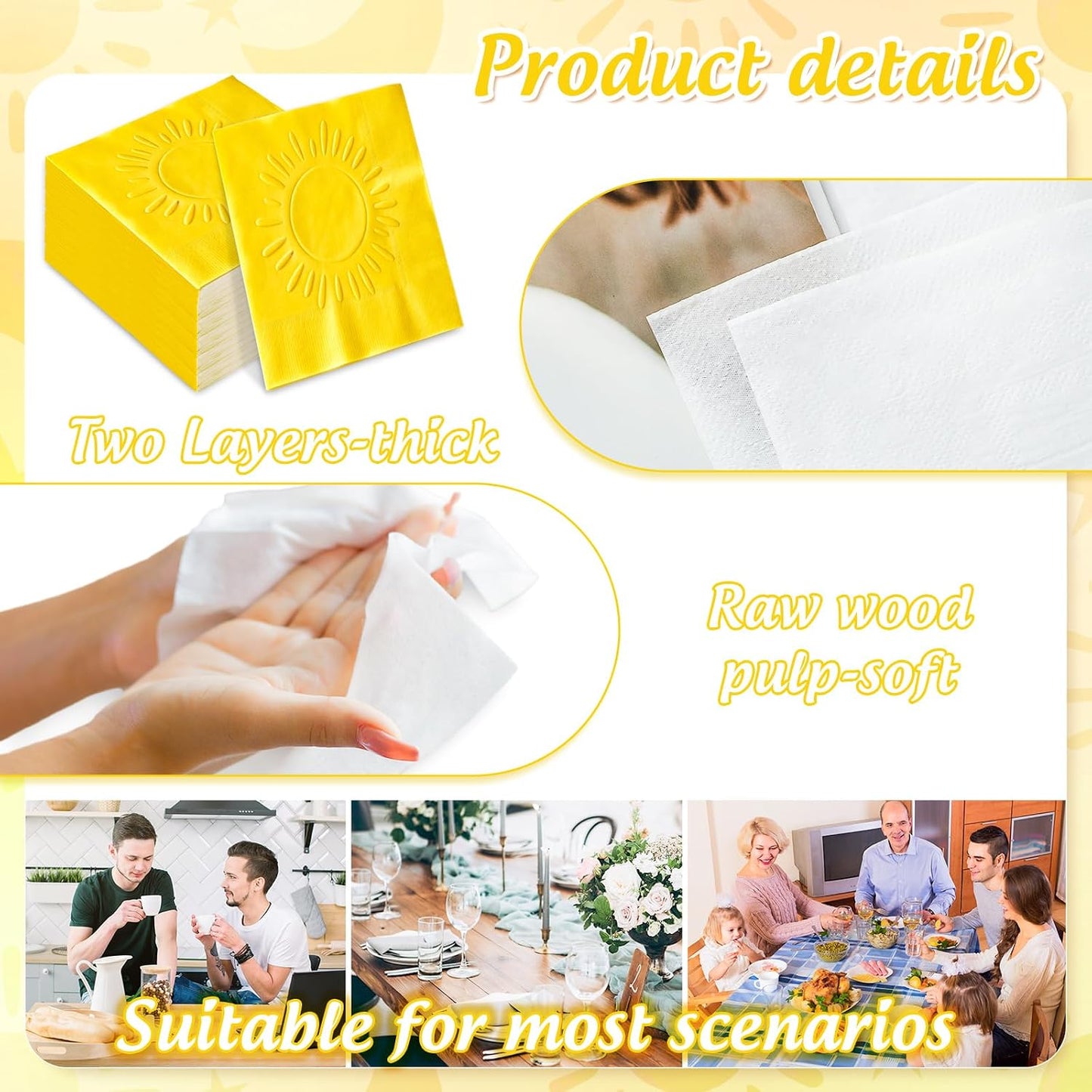 50 Pcs Boho Sun Cocktail Napkins Embossed Yellow Paper Napkins Disposable Decorative Beverage Napkin for First Trip Around The Sun Baby Shower Birthday Party Supplies Table Decor