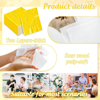 50 Pcs Boho Sun Cocktail Napkins Embossed Yellow Paper Napkins Disposable Decorative Beverage Napkin for First Trip Around The Sun Baby Shower Birthday Party Supplies Table Decor