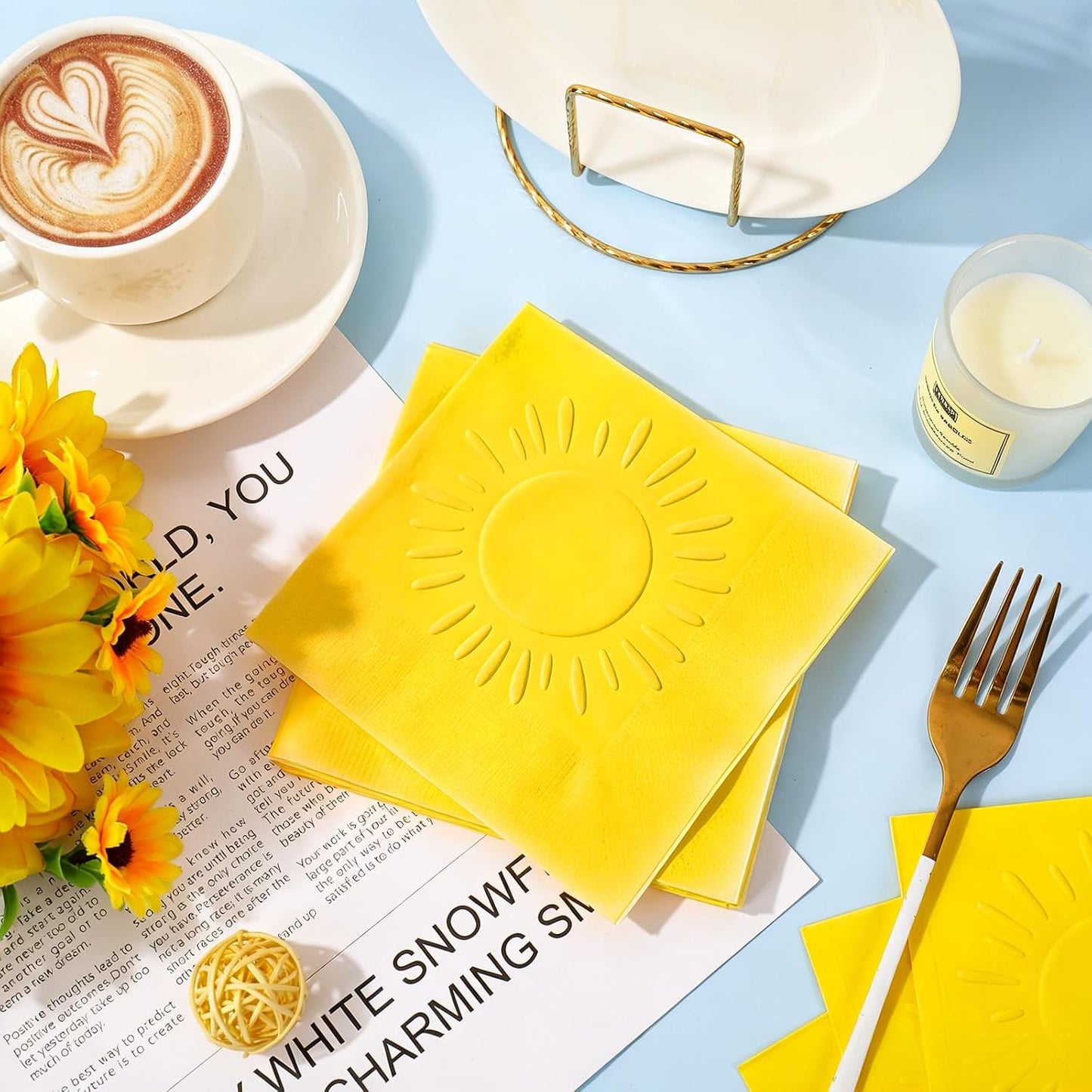 50 Pcs Boho Sun Cocktail Napkins Embossed Yellow Paper Napkins Disposable Decorative Beverage Napkin for First Trip Around The Sun Baby Shower Birthday Party Supplies Table Decor