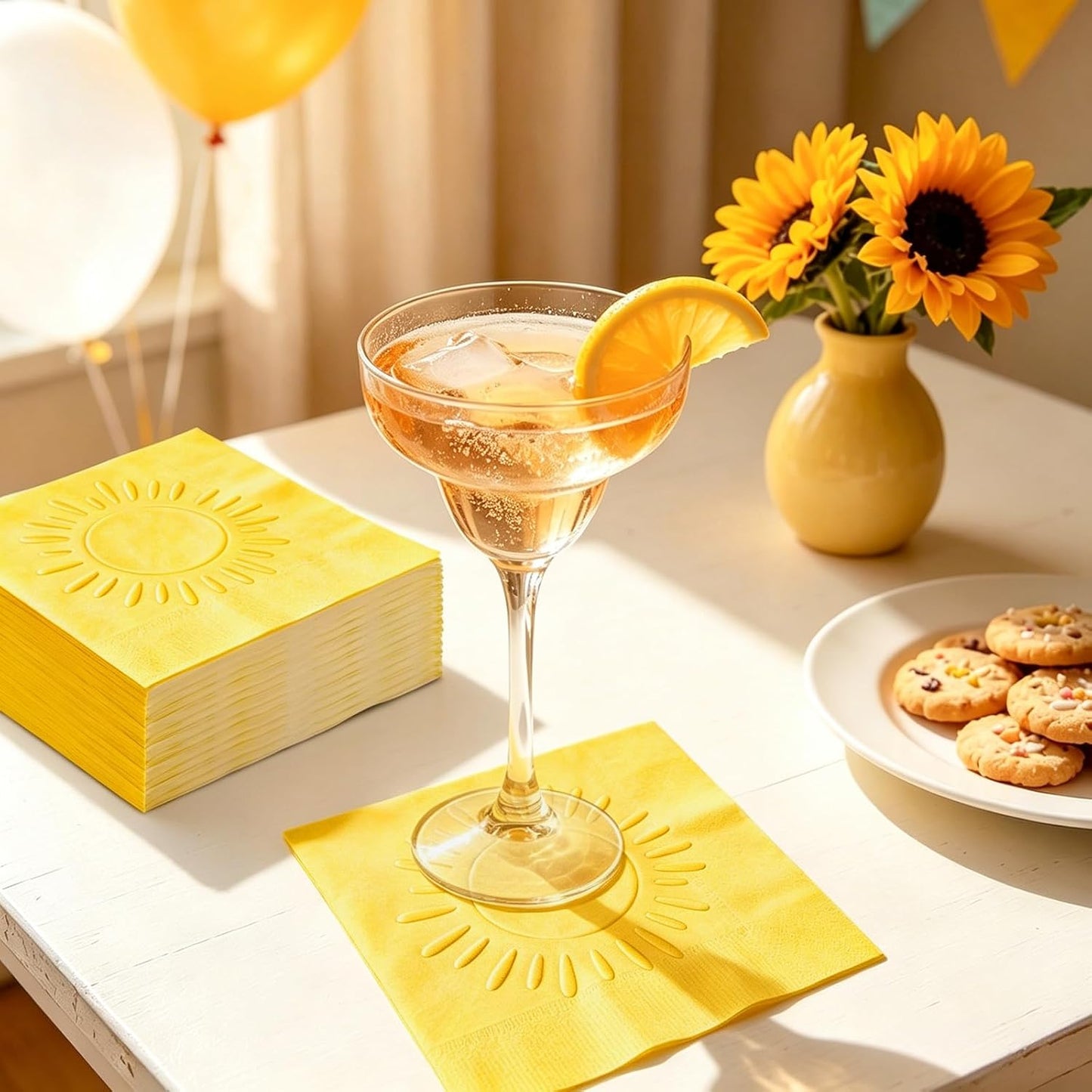 50 Pcs Boho Sun Cocktail Napkins Embossed Yellow Paper Napkins Disposable Decorative Beverage Napkin for First Trip Around The Sun Baby Shower Birthday Party Supplies Table Decor