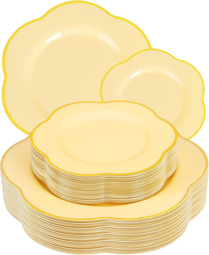 50PCS Yellow Plastic Plates - Heavy Duty Yellow Disposable Plates -Yellow and Gold Plates Include 25PCS 7inch Desert Plates and 25PCS 10inch Dinner Plates for Party & Baby Shower & Wedding