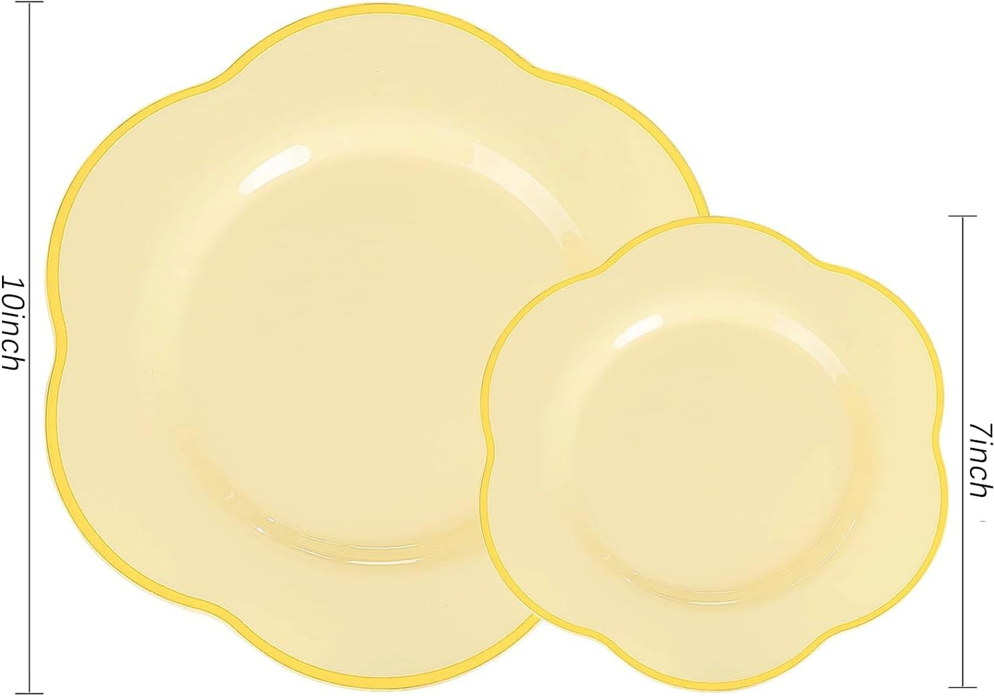 50PCS Yellow Plastic Plates - Heavy Duty Yellow Disposable Plates -Yellow and Gold Plates Include 25PCS 7inch Desert Plates and 25PCS 10inch Dinner Plates for Party & Baby Shower & Wedding