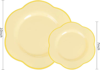 50PCS Yellow Plastic Plates - Heavy Duty Yellow Disposable Plates -Yellow and Gold Plates Include 25PCS 7inch Desert Plates and 25PCS 10inch Dinner Plates for Party & Baby Shower & Wedding