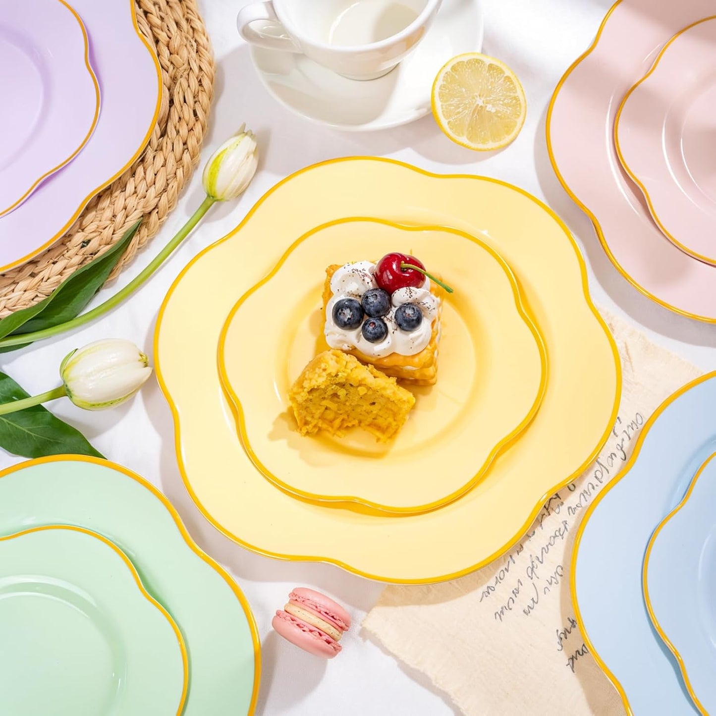 50PCS Yellow Plastic Plates - Heavy Duty Yellow Disposable Plates -Yellow and Gold Plates Include 25PCS 7inch Desert Plates and 25PCS 10inch Dinner Plates for Party & Baby Shower & Wedding