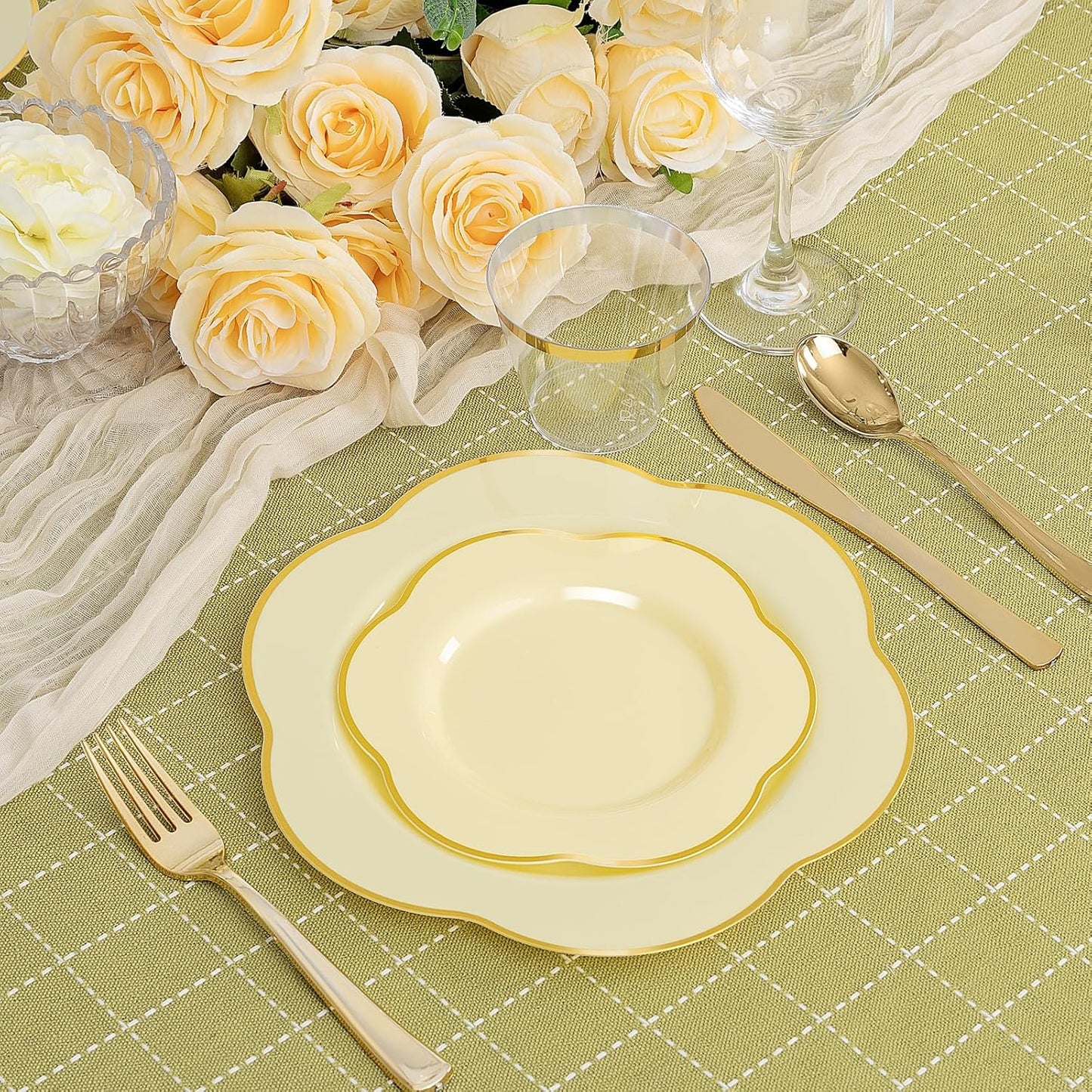50PCS Yellow Plastic Plates - Heavy Duty Yellow Disposable Plates -Yellow and Gold Plates Include 25PCS 7inch Desert Plates and 25PCS 10inch Dinner Plates for Party & Baby Shower & Wedding