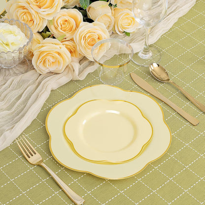 50PCS Yellow Plastic Plates - Heavy Duty Yellow Disposable Plates -Yellow and Gold Plates Include 25PCS 7inch Desert Plates and 25PCS 10inch Dinner Plates for Party & Baby Shower & Wedding