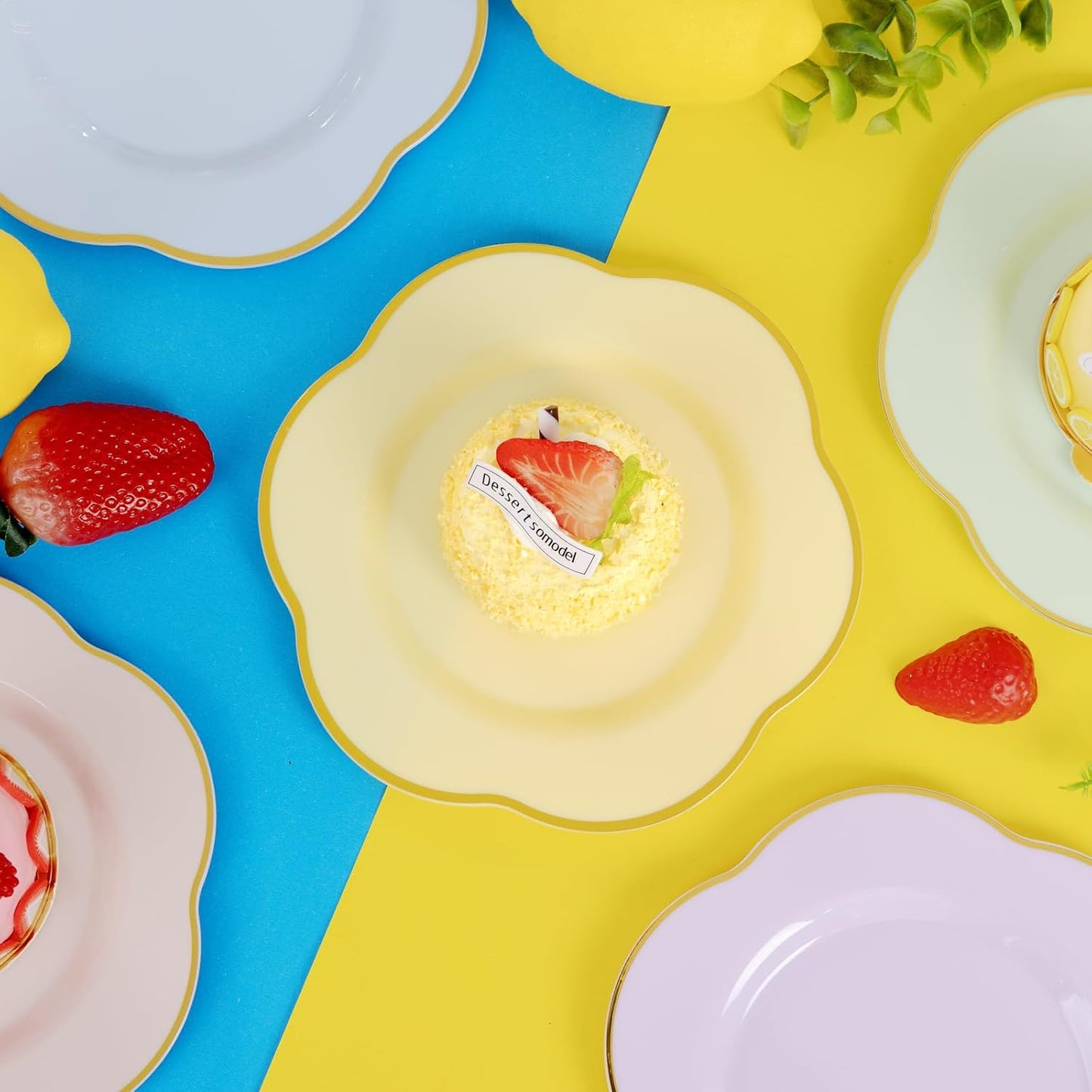 50PCS Yellow Plastic Plates - Heavy Duty Yellow Disposable Plates -Yellow and Gold Plates Include 25PCS 7inch Desert Plates and 25PCS 10inch Dinner Plates for Party & Baby Shower & Wedding