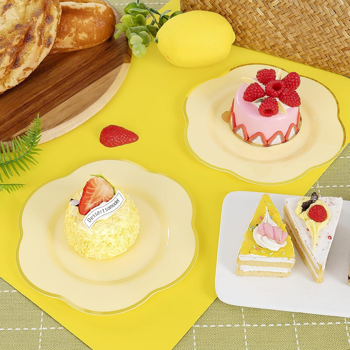 50PCS Yellow Plastic Plates - Heavy Duty Yellow Disposable Plates -Yellow and Gold Plates Include 25PCS 7inch Desert Plates and 25PCS 10inch Dinner Plates for Party & Baby Shower & Wedding