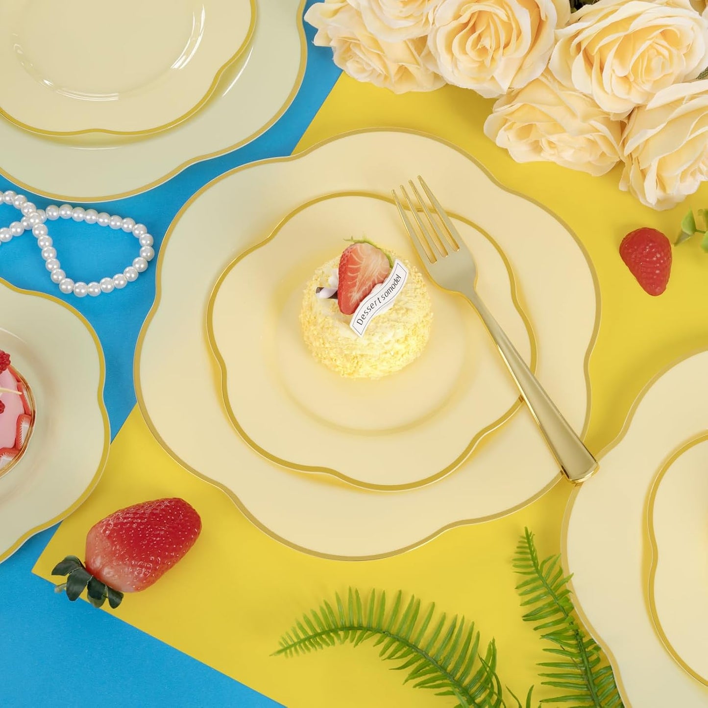 50PCS Yellow Plastic Plates - Heavy Duty Yellow Disposable Plates -Yellow and Gold Plates Include 25PCS 7inch Desert Plates and 25PCS 10inch Dinner Plates for Party & Baby Shower & Wedding