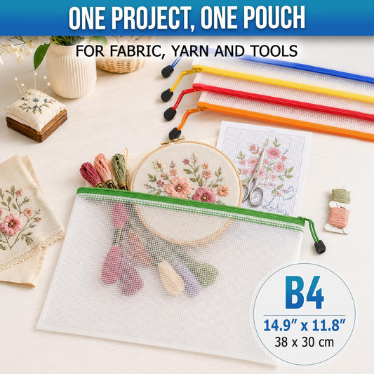 5 Pack Clear Project Bags with Zipper B4 (12x15in) - Craft Storage Bag for Needlepoint, Cross Stitch and Quilting - Heavy Duty Zip Project Bags for Organization 5 Colors: Red Yellow Green Blue Orange