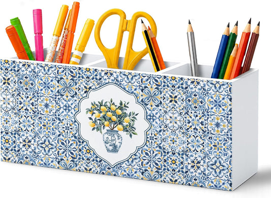 Italian Amalfi Coast Lemon Pen Pencil Holder for Desk, Lemon Gifts for Women, Blue and White Floral Mediterranean Fruits Wooden Pencil Holder Organizer Desk Accessories Decor for Office Home