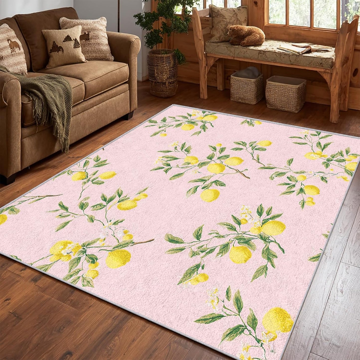 Lemon Rug 3x5 Bedroom, Fruit Pink Pattern Washable Area Rugs for Living Room, Lemon Home Decor Non Slip Carpet, Soft Ultra Thin Design (LP50)