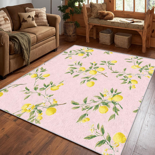 Lemon Rug 3x5 Bedroom, Fruit Pink Pattern Washable Area Rugs for Living Room, Lemon Home Decor Non Slip Carpet, Soft Ultra Thin Design (LP50)