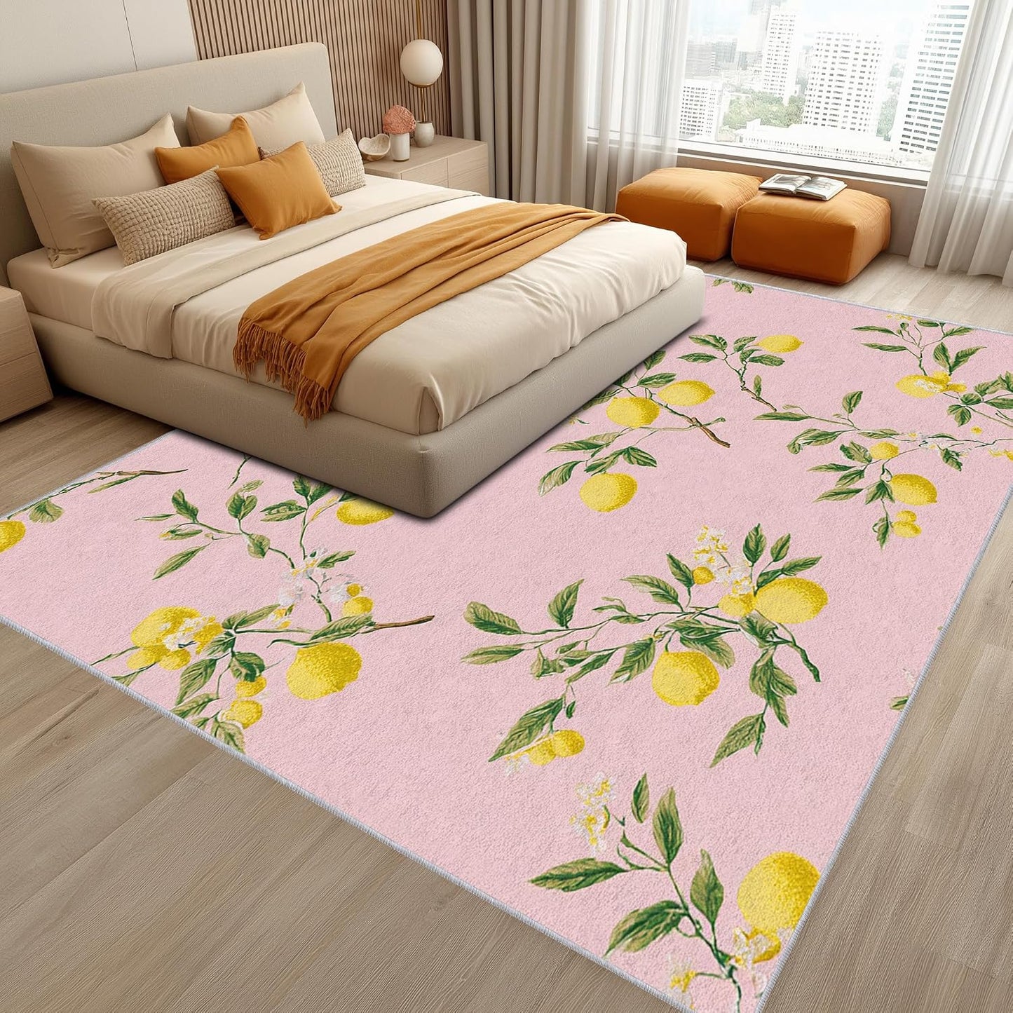 Lemon Rug 3x5 Bedroom, Fruit Pink Pattern Washable Area Rugs for Living Room, Lemon Home Decor Non Slip Carpet, Soft Ultra Thin Design (LP50)
