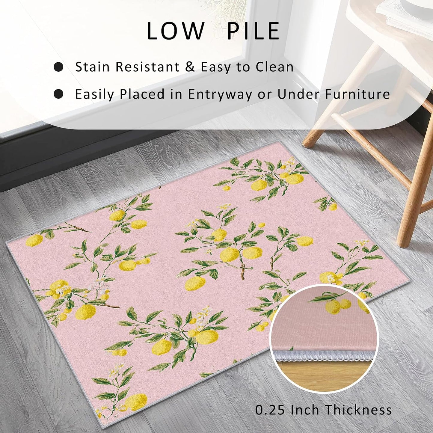 Lemon Rug 3x5 Bedroom, Fruit Pink Pattern Washable Area Rugs for Living Room, Lemon Home Decor Non Slip Carpet, Soft Ultra Thin Design (LP50)